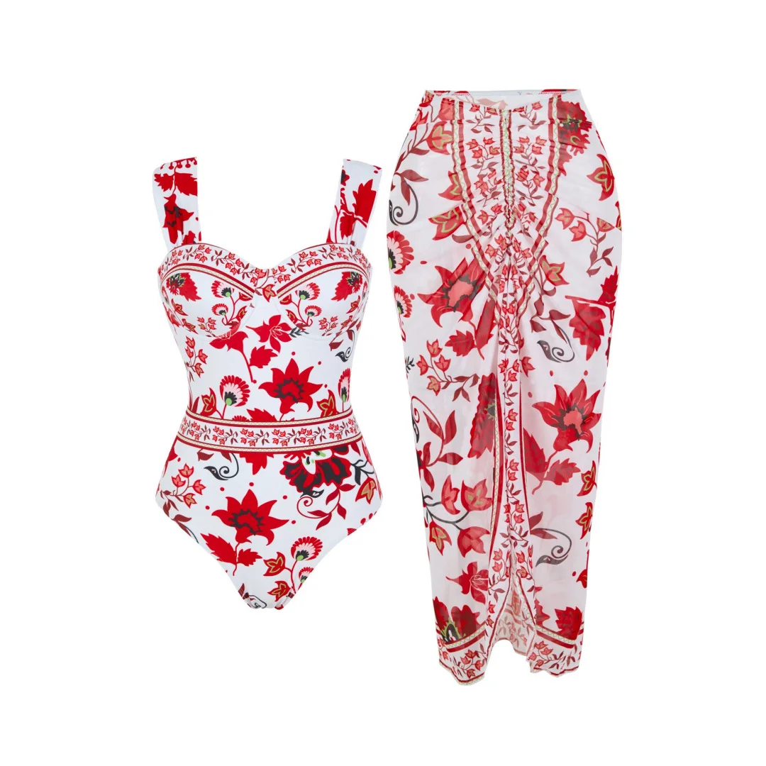 One-piece Women Floral Swimwear Swimsuit Blue Red  Printed V-neck Sexy Bikini Set Beach Vacation  Style Wear Maxi Dress Skirt