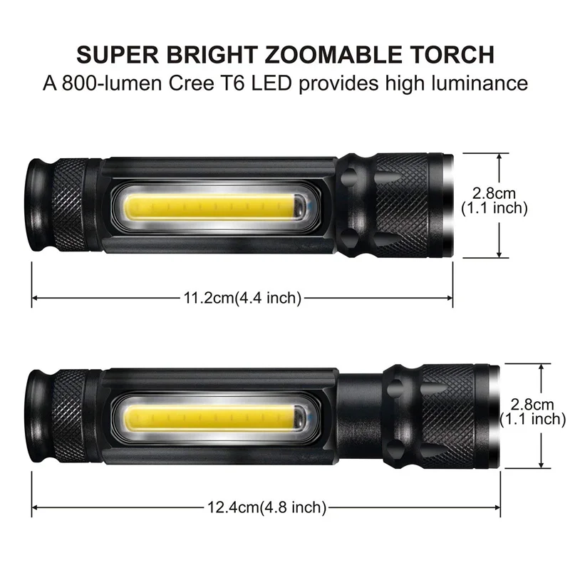 T6 Strong Light LED Usb Rechargeable Flashlight Magnetic Torch Lanter Zoomable Flashlight COB Zoom Highlight Outdoor Lighting