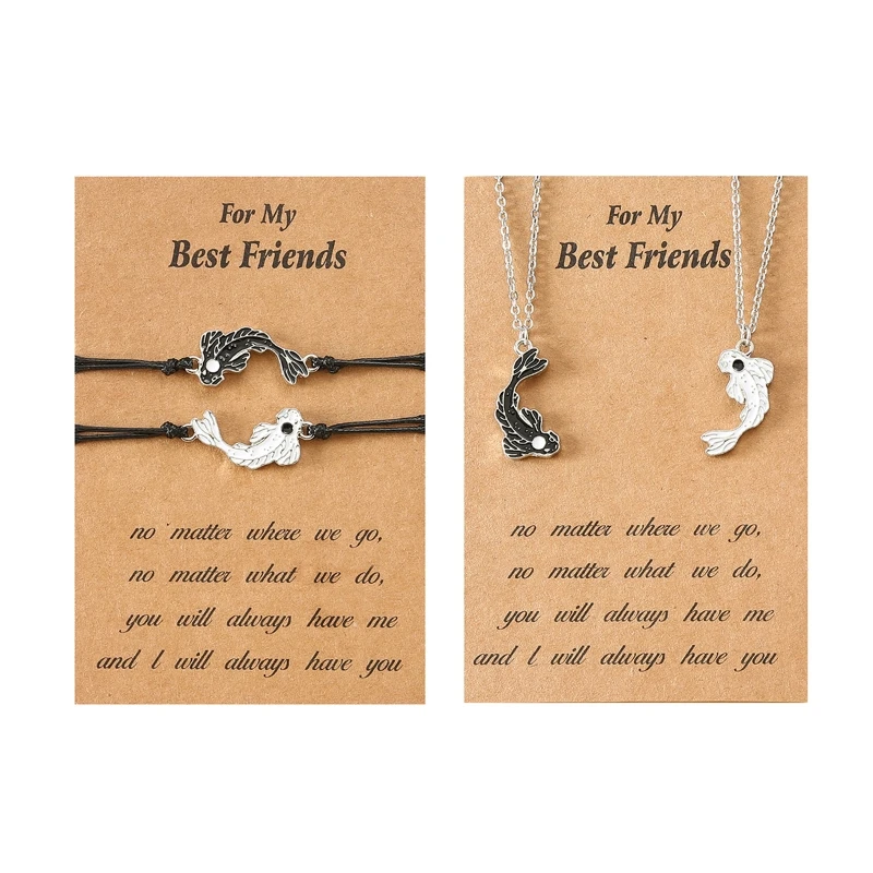 E0BF 1/2Pcs Couple Necklace Bracelet Relationship Matching Taichi Fish Bracelet for Women Teen Best Friend Family Jewelry