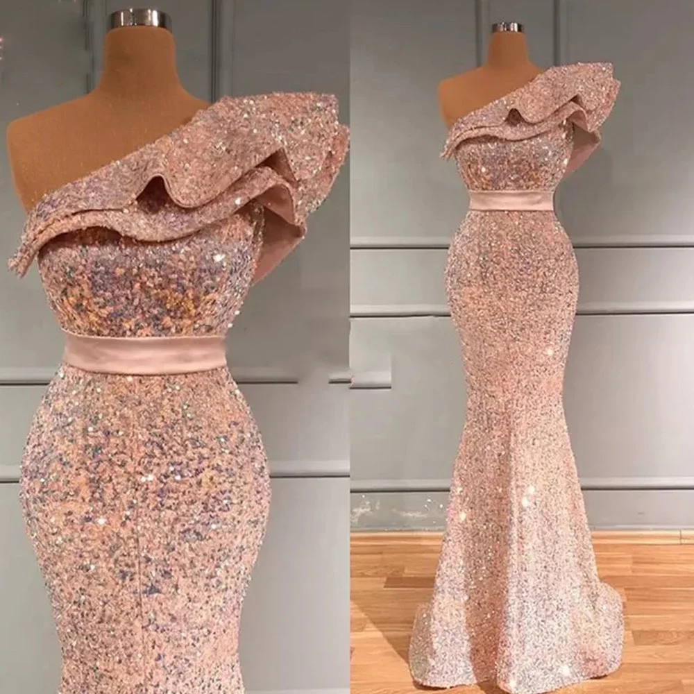 2023 Sparkle pailletten Meerjungfrau Abendkleider Lange Frauen Ein-Schulter Prom Kleider Ärmel Einfache Party Kleid Robe De Mariee