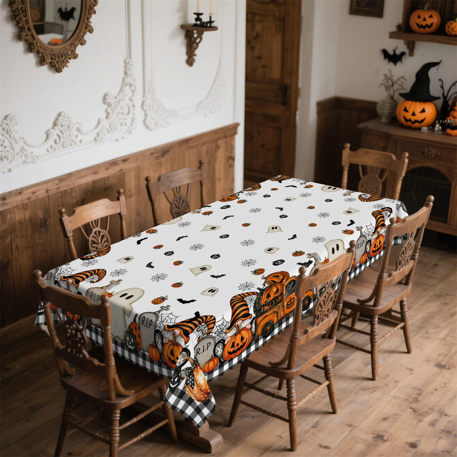 Pumpkin lantern truck goblin bat spider web Halloween tablecloth, suitable for rectangular and round dining tableszyc