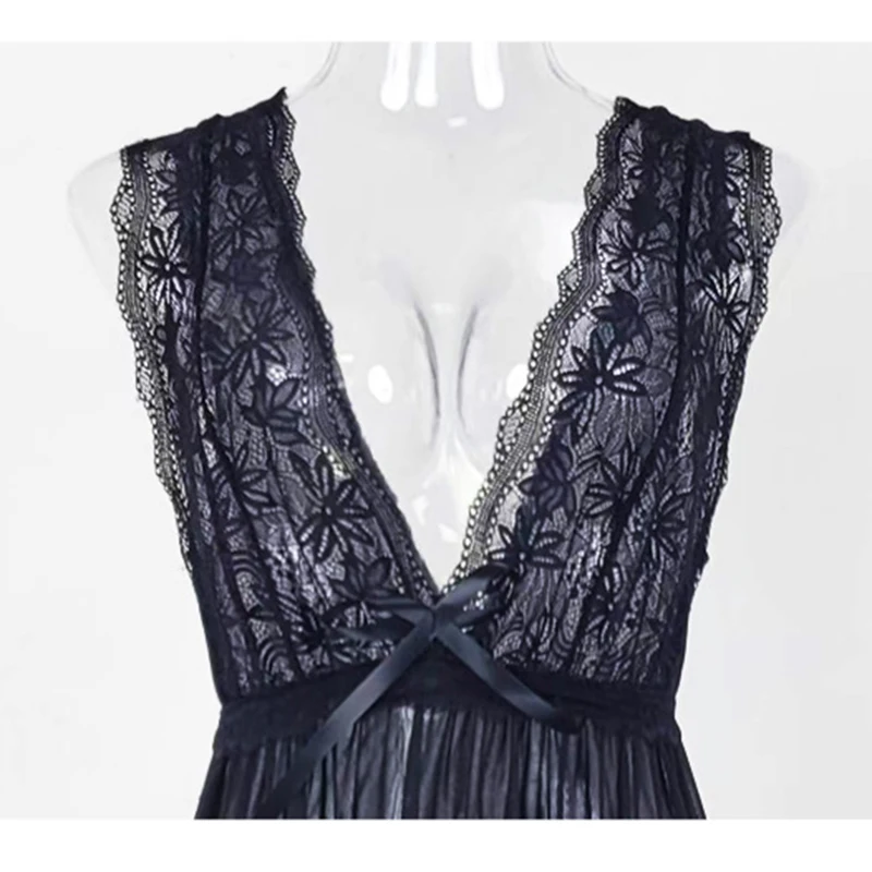 Womens Long Nightgowns Lace Sexy Lingerie V Neck Nightie Sleep Dress Sleeveless Sleepwear for Women See-through Nightdress
