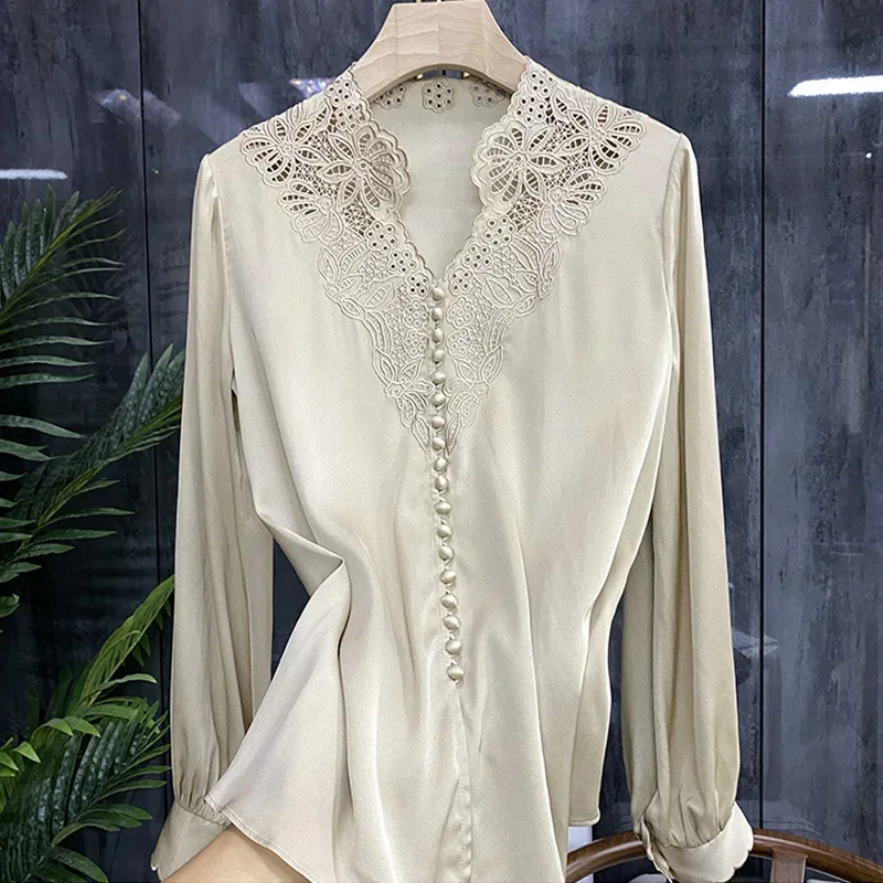 New Long Sleeve Satin Women\'s Shirts Loose Fashion Woman Tops Lace Spliced Ladies Feminine Blouses Women Clothing Blusas 20645