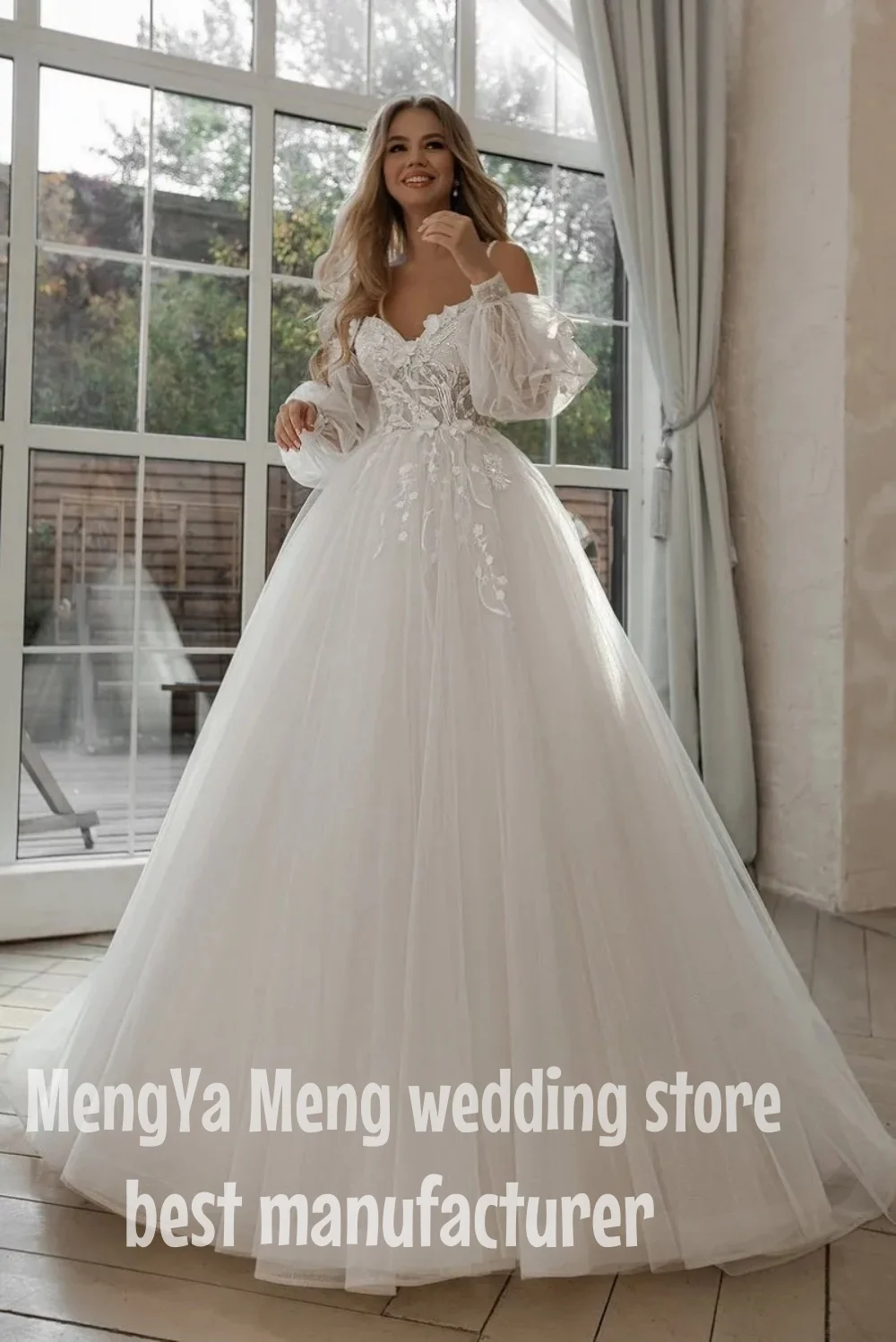 

ZHUISHU Glitter Wedding Dress Puff Sleeve Applique Lace 3D Flower off Shoulder Tulle Boho Bride Gown Customized vestidosdenovia