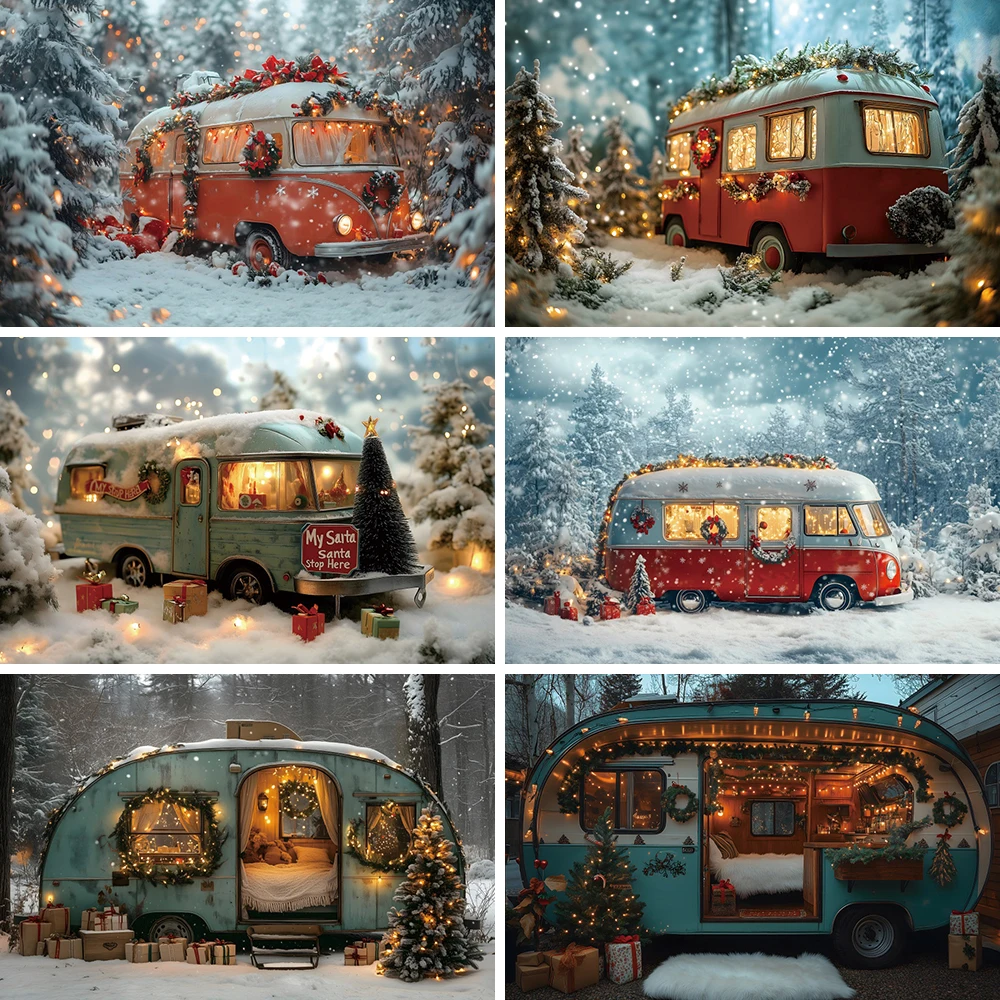 Fondo de fotografía de nieve de coche de Camper de invierno 2025 fiesta de Navidad árbol de Navidad retrato de familia de niños foto telón de fondo accesorios de estudio