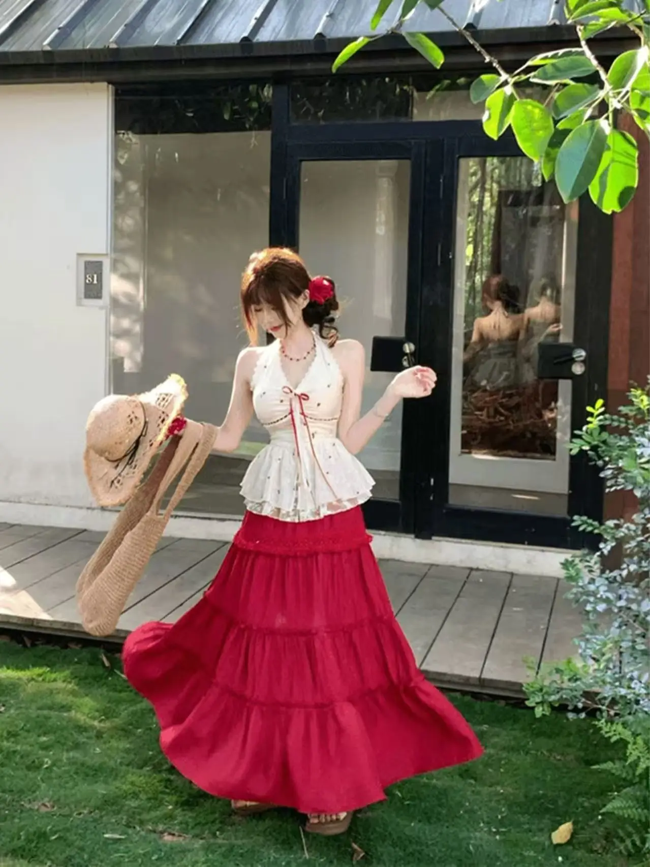 

Summer Red Necktie Waist Long Skirt Slimming Two-Piece Set Women's Fashion Cake Style High Waist Midi Skirt And Top Ensemble