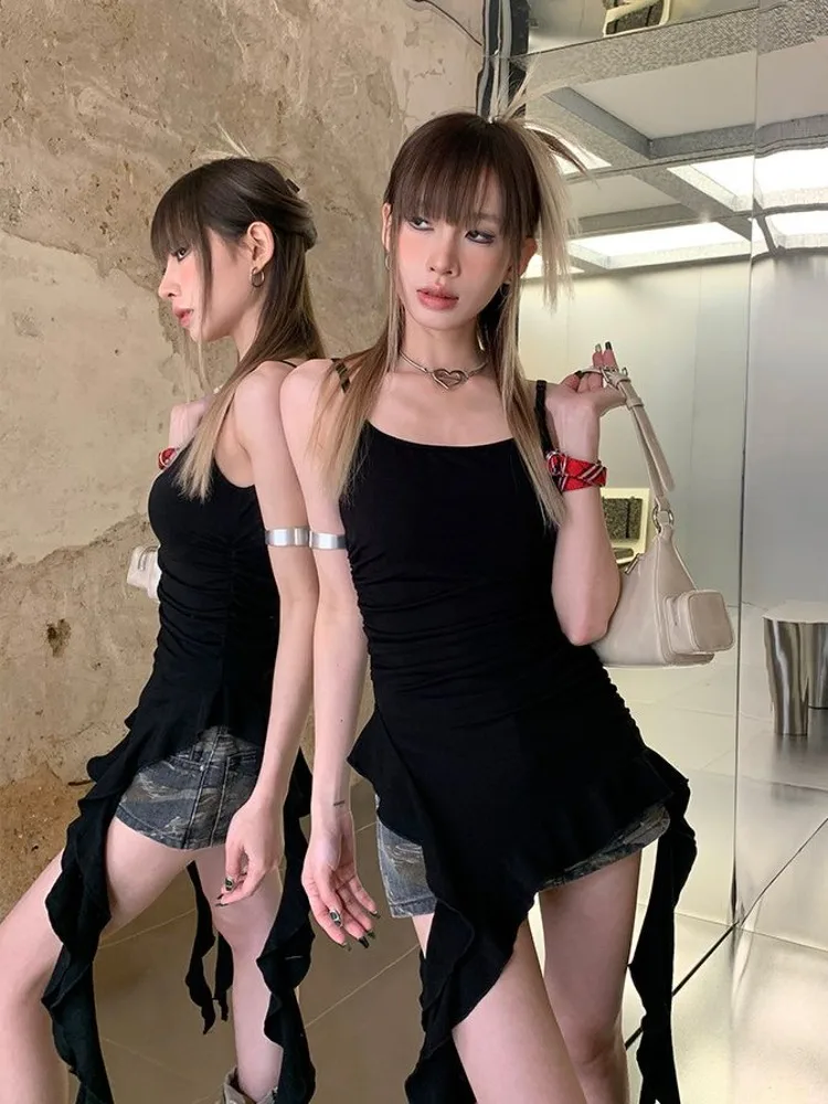 

HOUZHOU Black Asymmetrical Tank Tops Women Y2k Grunge Ruffle Camisoles Hotsweet Sexy Backless Aesthetic Korean Streetwear Punk