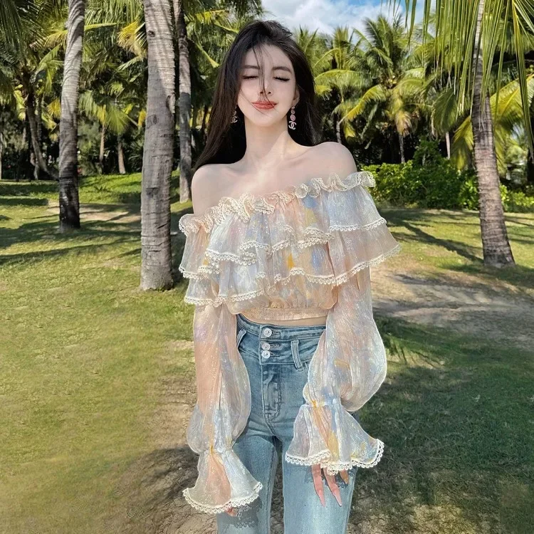 Korejepo Daylight Slightly Drunk Shirts Spring Summer 2024 New French Ruffle Edge Shoulder Temperament Top Fairy Beautiful Tops