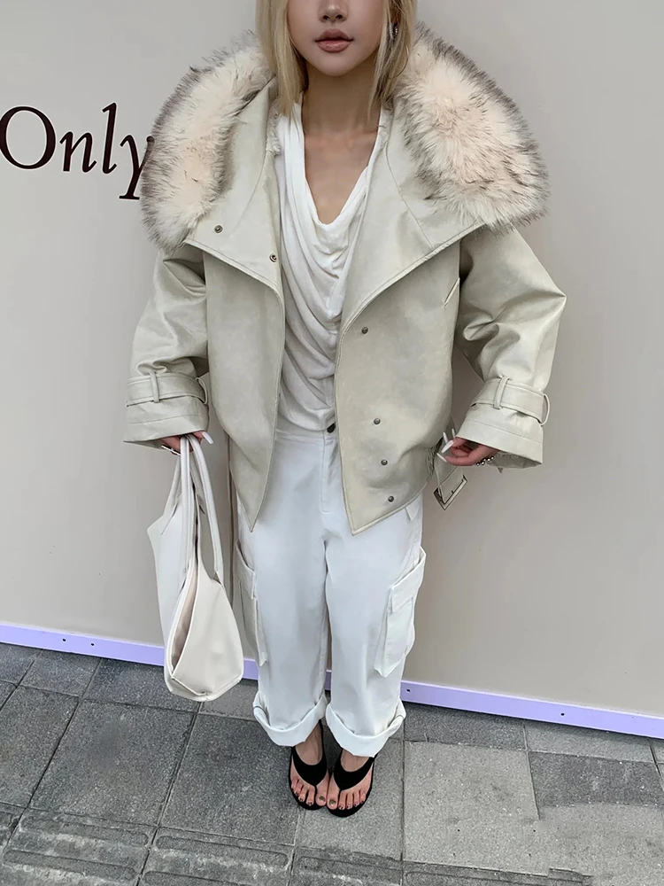 Women Beige Faux Fur Collar Short Parka Jacket Fleece Lined Waist Belt Windproof Warm Winter Cargo Outerwear Coat