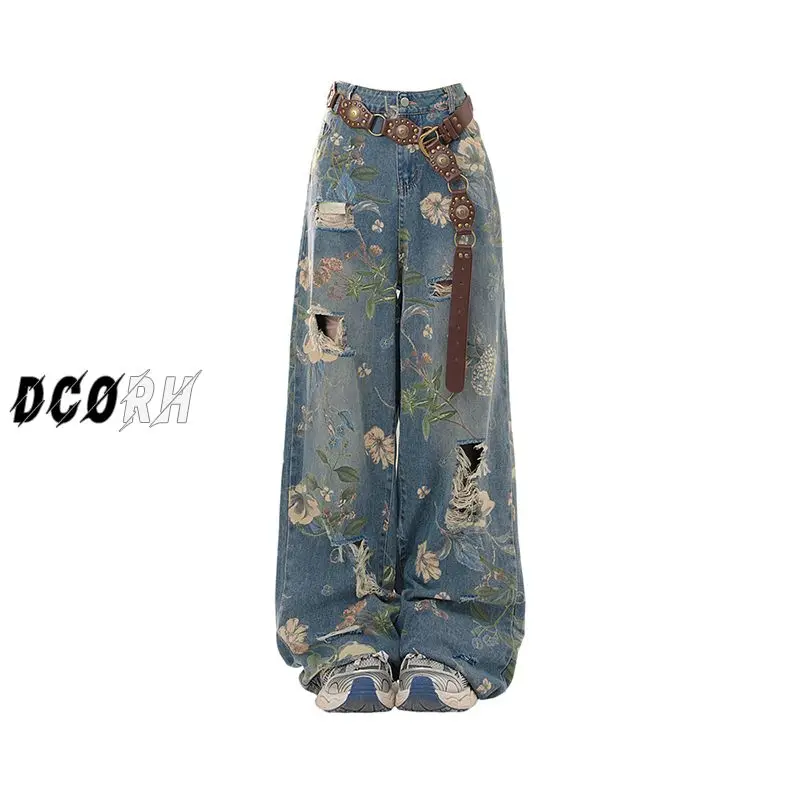 

Ripped Jeans for Women Spring New Chinese Style Printing Loose Straight Pants High Street Spice Girl Low-waisted Y2k Pants