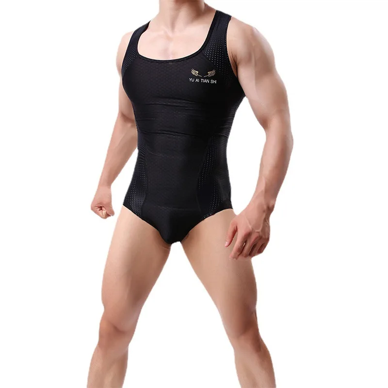 Men's Sexy Swimsuit Breathable Solid Nylon Bodysuit for Swimming Running Fitness Jumpsuit Singlet Quick Drying Onesie Sportswear