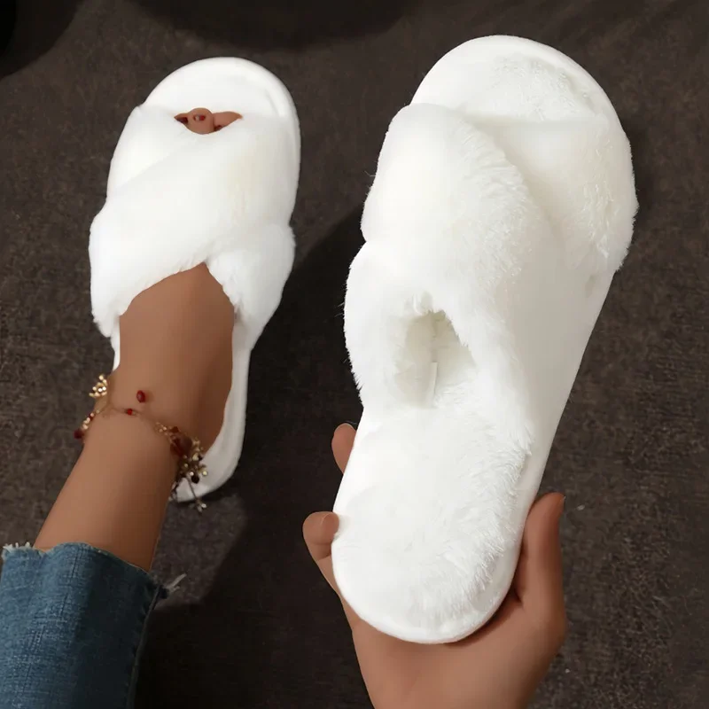 

Fashion Cross Strap Fur Slippers Women Indoor Light Warm Plush Home Slippers Woman Faux Fur Flat Heel Couple Slides Plus Size 43