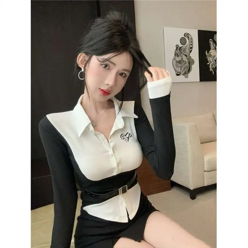 

Spicy Girl Designs American Collar Fake Two Piece Shirts for Women Chemise Femme Crop Tops Shirts & Blouses Blusas