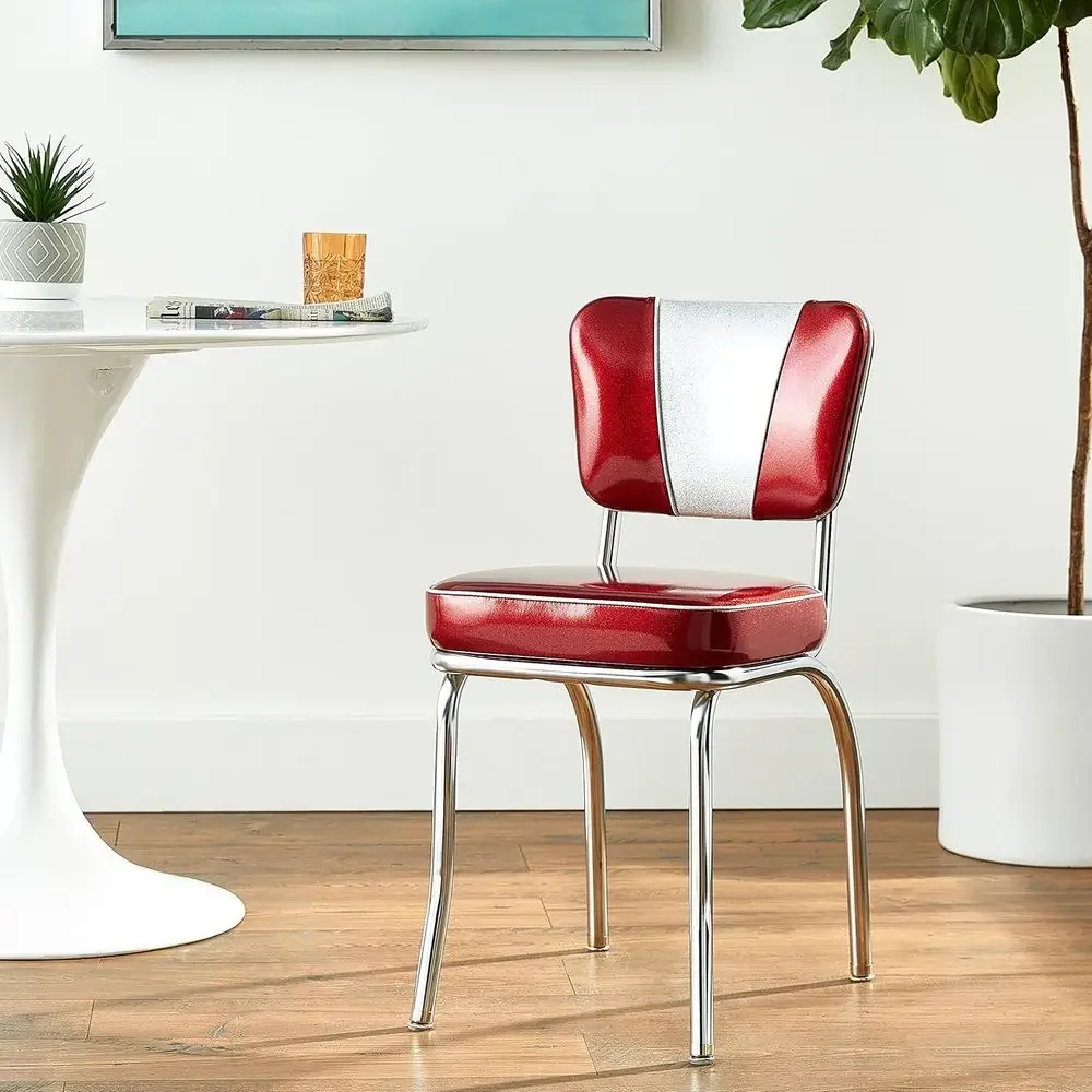 Vintage V-Back Diner Chair with 2 Seat Cushion, Glitter Red/Silver Finish