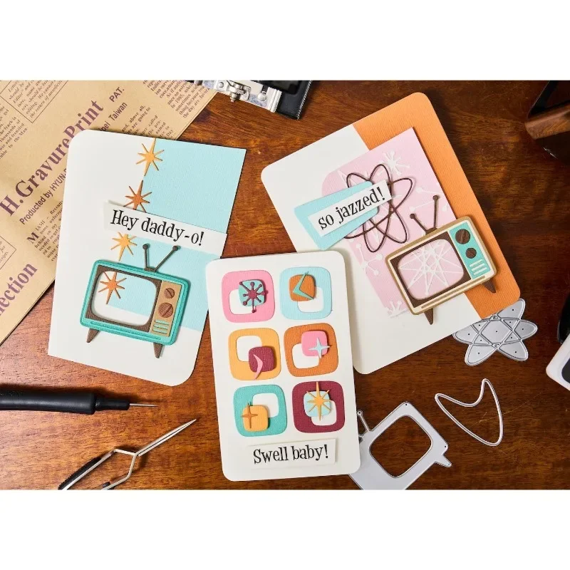 قوالب القطع الذرية الجديدة لعام 2025 بتصميم عتيق لدوامات التلفزيون النجمي العتيق لبطاقات المعايدة ومجلات القصاصات والحرف الورقية