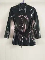 Pure Black Long Sleeve Shirt Tops Stylish Jacket Latex Coat Rubber Size S-XXL