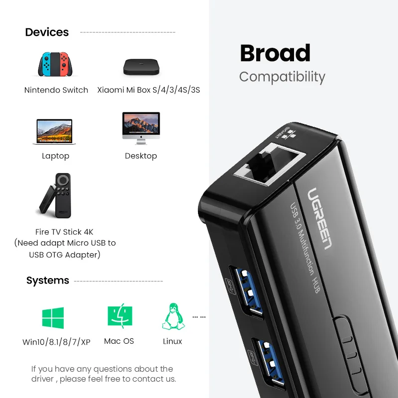 UGREEN-adaptador Ethernet para ordenador portátil Xiaomi Mi Box S/3, concentrador USB RJ45 de 1000Mbps, Windows, tarjeta de red Lan