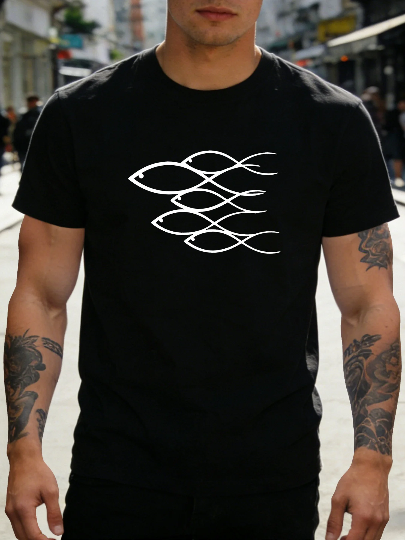 Navy Mens Cotton Tee Line Fish Swarm Graphic Crew Neck Short Sleeve Ocean Male Daily Outdoor Casual Basic Street Summer Shirts