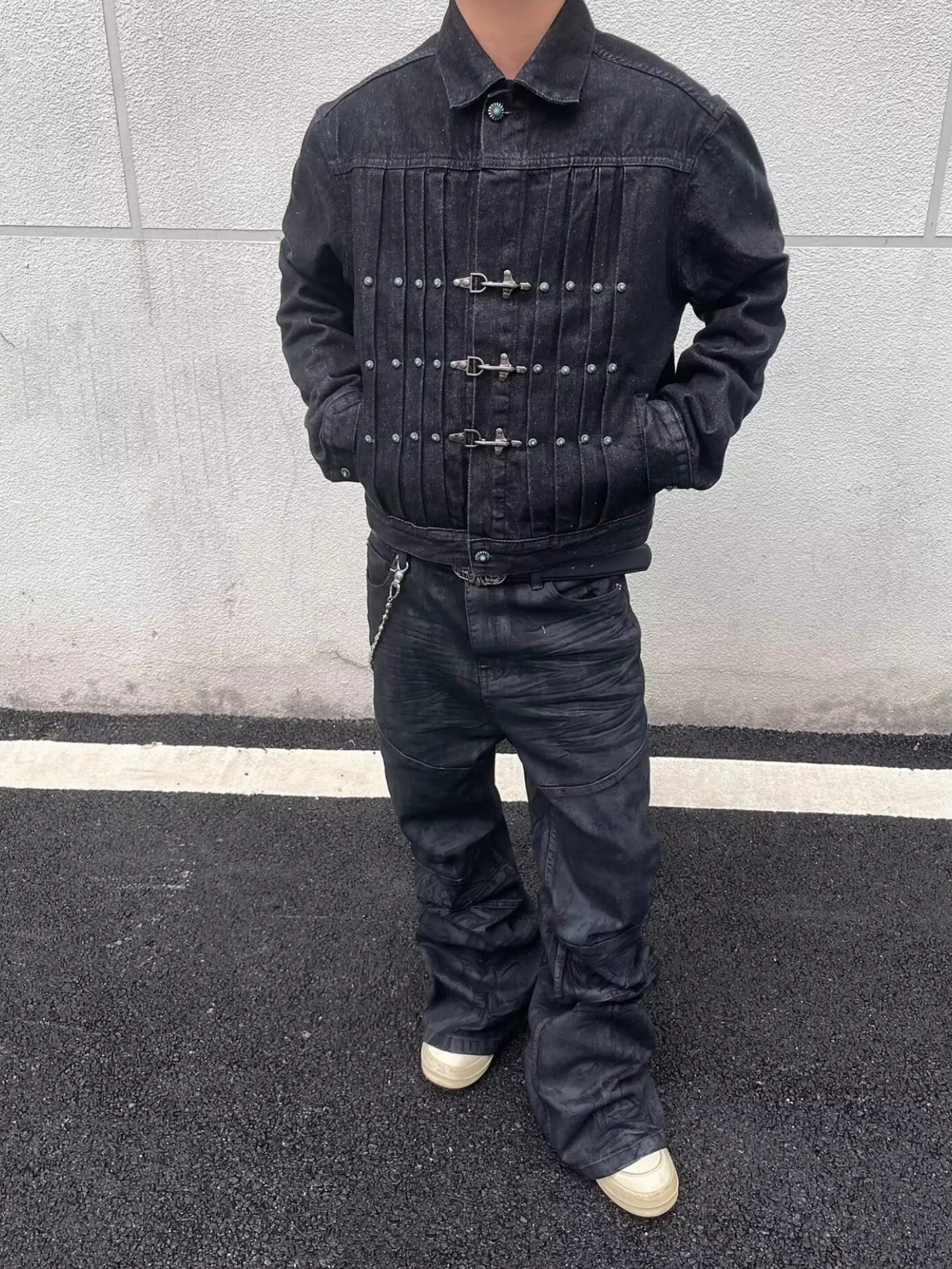 American Street Style Work Jacket Collared Denim Coat Unisex Spring Autumn Wear Resin Buckle Punk Style Folded Design Jeans J...