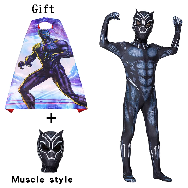 

New Anime Superhero Black Panther Boys Jumpsuits Attached Cloak Mask Cosplay Party Bodysuits Dress Up