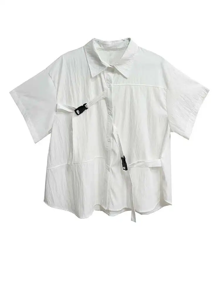 ผู้หญิงสีดําหัวเข็มขัด Spliced ขนาดใหญ่เสื้อลําลองใหม่เสื้อแขนสั้นแฟชั่นฤดูใบไม้ผลิฤดูร้อน