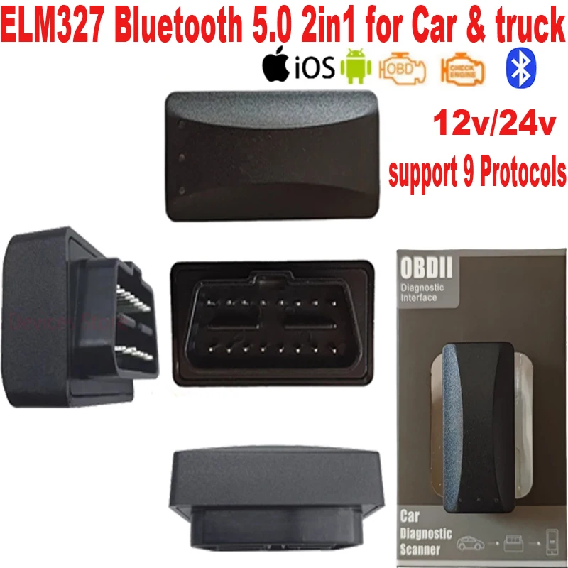 ELM327 for Car and Truck 12v&24v Bluetooth 5.0 elm 327 OBD2 cable Auto Scanner work on Vehicles Code Reader Car Diagnostics Tool