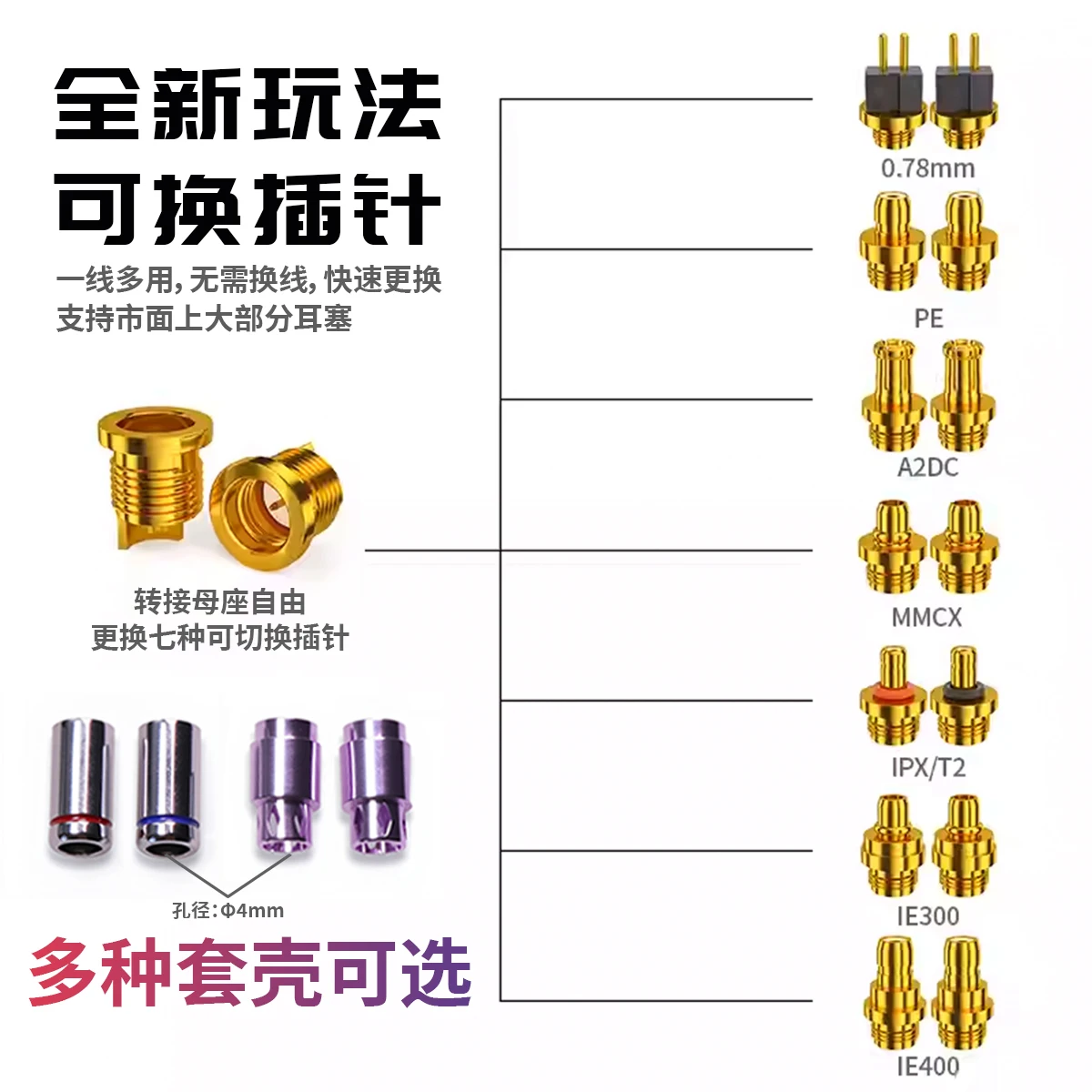 HAKUGEI Modular switchable ear Connectors mmcx 0.78 A2DC Pentacconn ear IPX/T2 ue