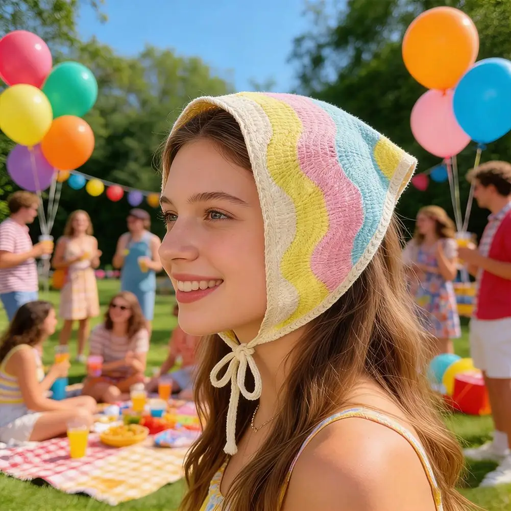 French Pastoral Style Triangle Headband Spring Summer Hollow Lace Triangle Scarf Handmade Ribbon Weave Crochet Headwear