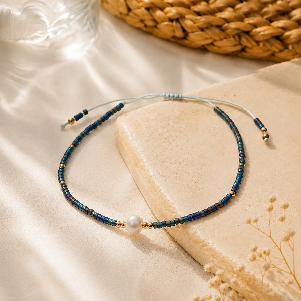 1pc Women's Bohemian Adjustable Strand Bracelet with Round Freshwater Pearl and Multicolor Beads Lace-Up Closure