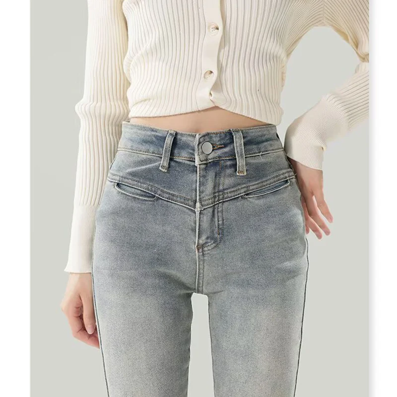 Hot Sale Girls Solid Color Flared Jeans Lady Korean Blue Thin High Waist Stretch Trousers Women Slim Fit Denim Pants