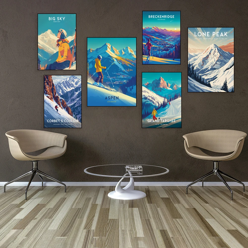 Skiing in Corbett Gulch, Montana, Colorado, Aspen mountain landscape, skiing and snowboarding poster at Lone Peak ski resort