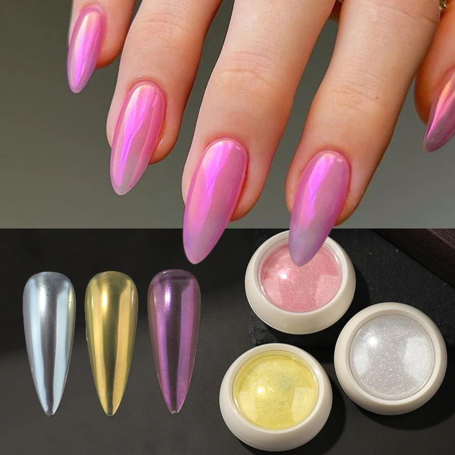 Aurora สีชมพู Chrome Nail Art Powder ไข่มุกสีขาวสีเหลือง METALLIC Mirror Glitter สําหรับเล็บฤดูใบไม้ร่วงฤดูหนาวเล็บเจลเล็บ