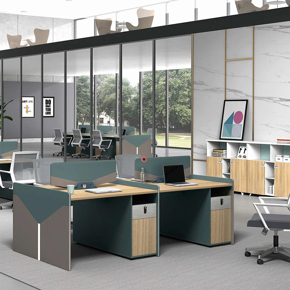 Partition Office System Furniture Modular Wholesale Panel Veneer Table Top Two Color Four Seats Workstation with Wire Socket