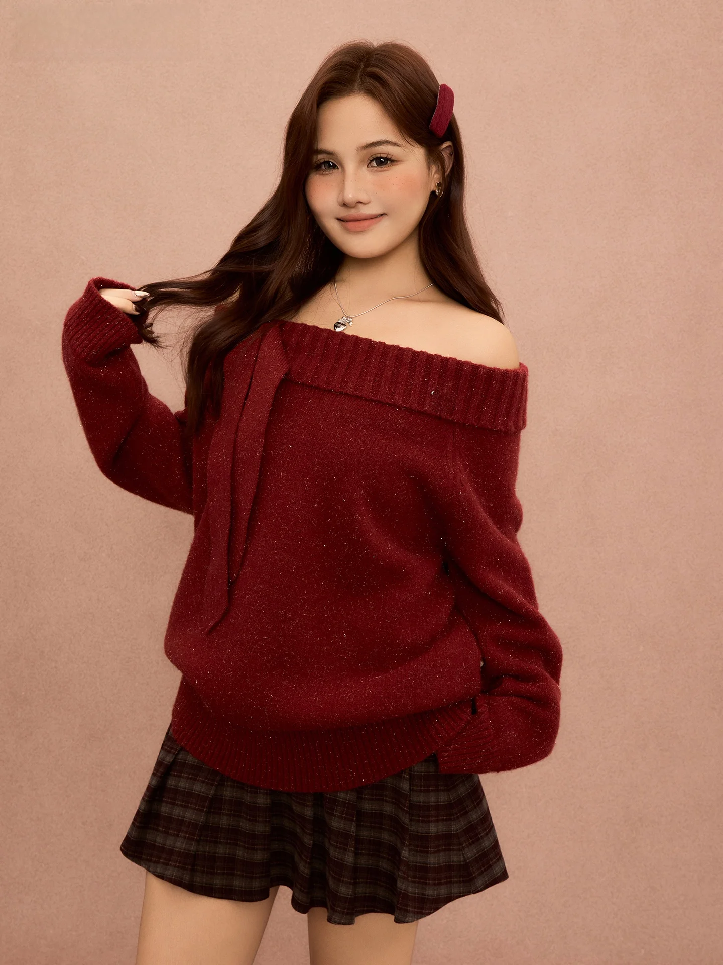 

Красный свитер с одним открытым плечом, приятный к телу, для полных женщин, модный новогодний наряд, вязаная одежда