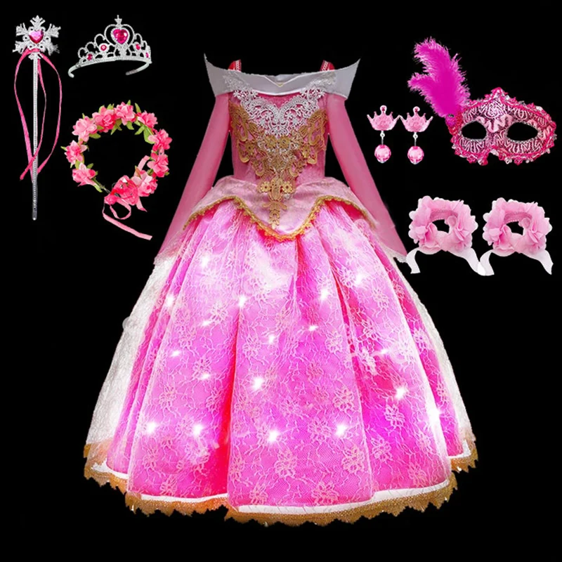 Light up Birthday Party Princess Costume 2024 for Girls Aurora Cosplay Toddler Lace Deluxe Sleeping Beauty Glowing Ball Gown