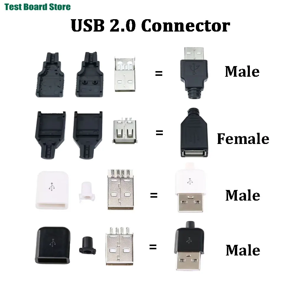 5/10Set USB Type A Connector Male Female 4 Pin Plug Socket With Black White Plastic Cover USB 2.0 Type-A Soldering DIY Kits
