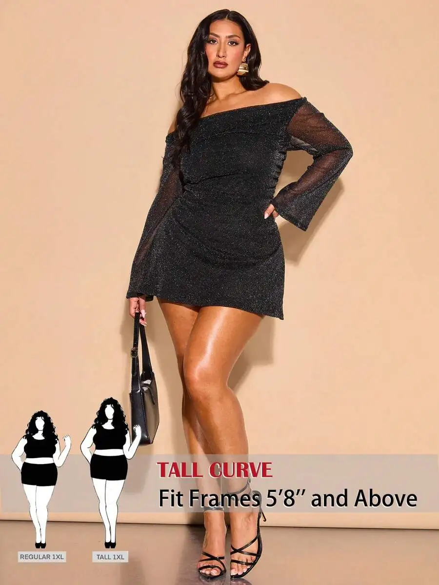 

Tall Curve Plus Size Glitter Off Shoulder Ruched A-Line Bell Sleeve Mini Dress