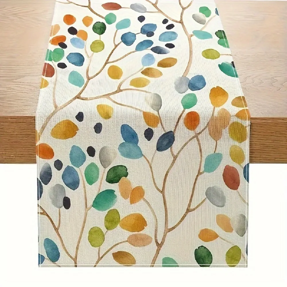 1 Piece of Colorfulful Leaf Pattern Table Runner, with Colorfulful Polka Dot Leaves and Brown Branches to Create a Fresh Picture, Suitable for Restaurants, Home Decoration, Cafe