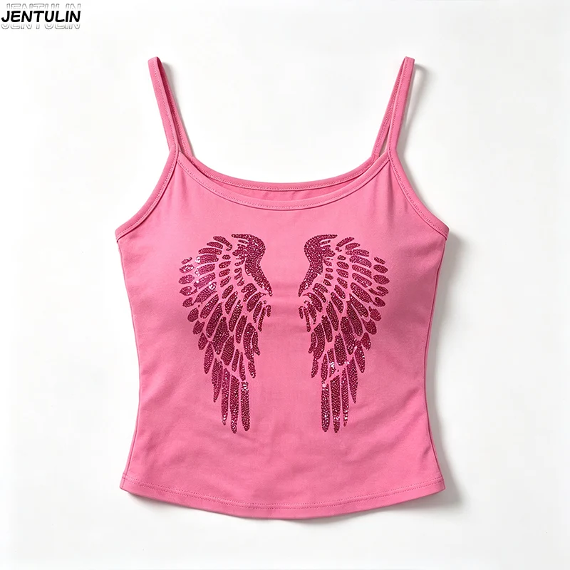 Women's Summer Subtle Slim Fit Crop Top with American Flair Wings Pattern Metallic Sequins Wraparound Design