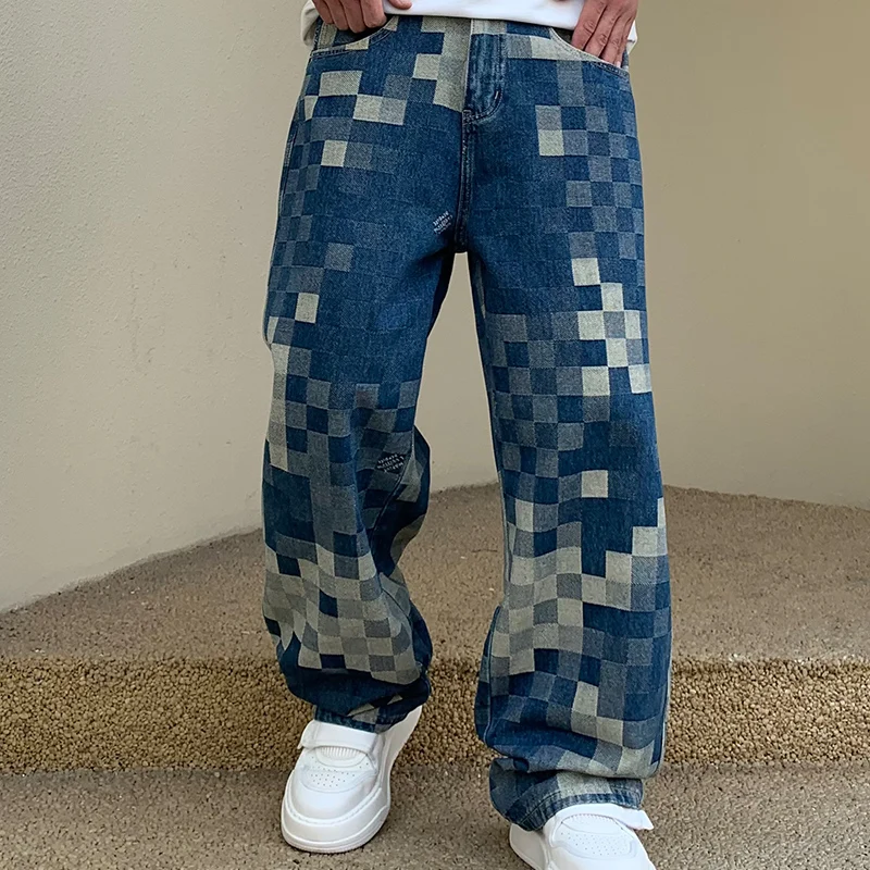 Mosaic checkerboard jeans, men's fashionable and personalized design, loose straight leg street hip-hop Y2K unique trendy pants