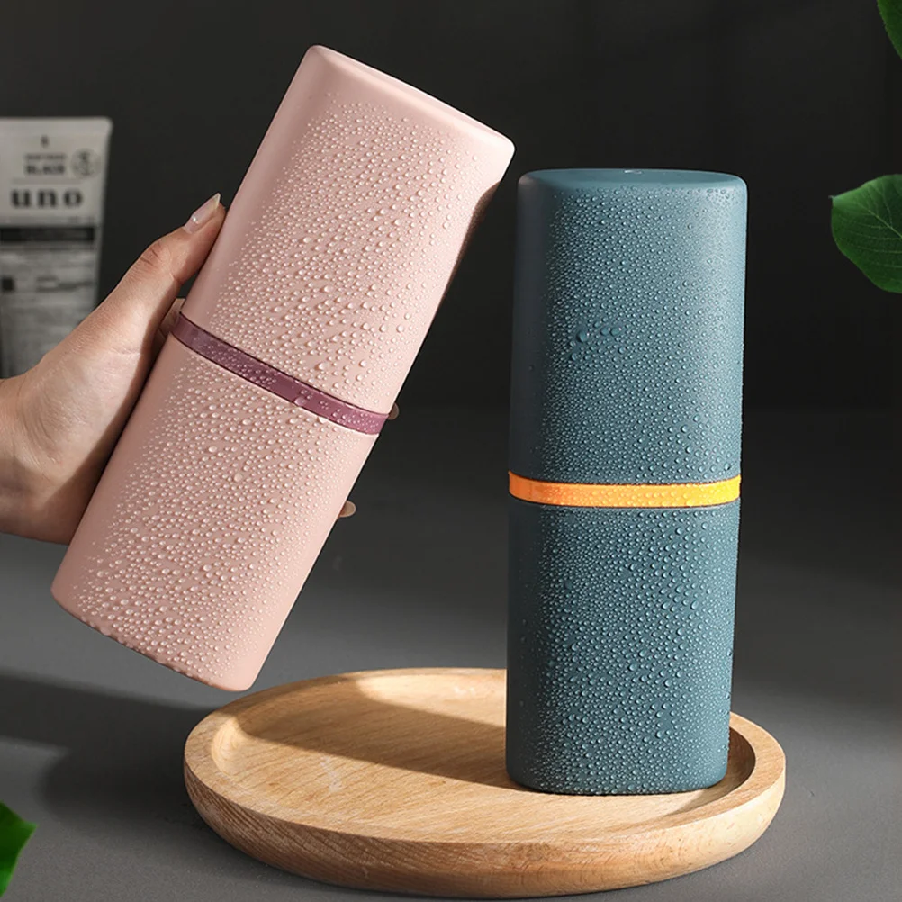 2Pcs Portable Toothbrush Case Two-in-One Washing Cup Durable Compact Travel Toothbrush Storage Container for Home Dark Blue Pink