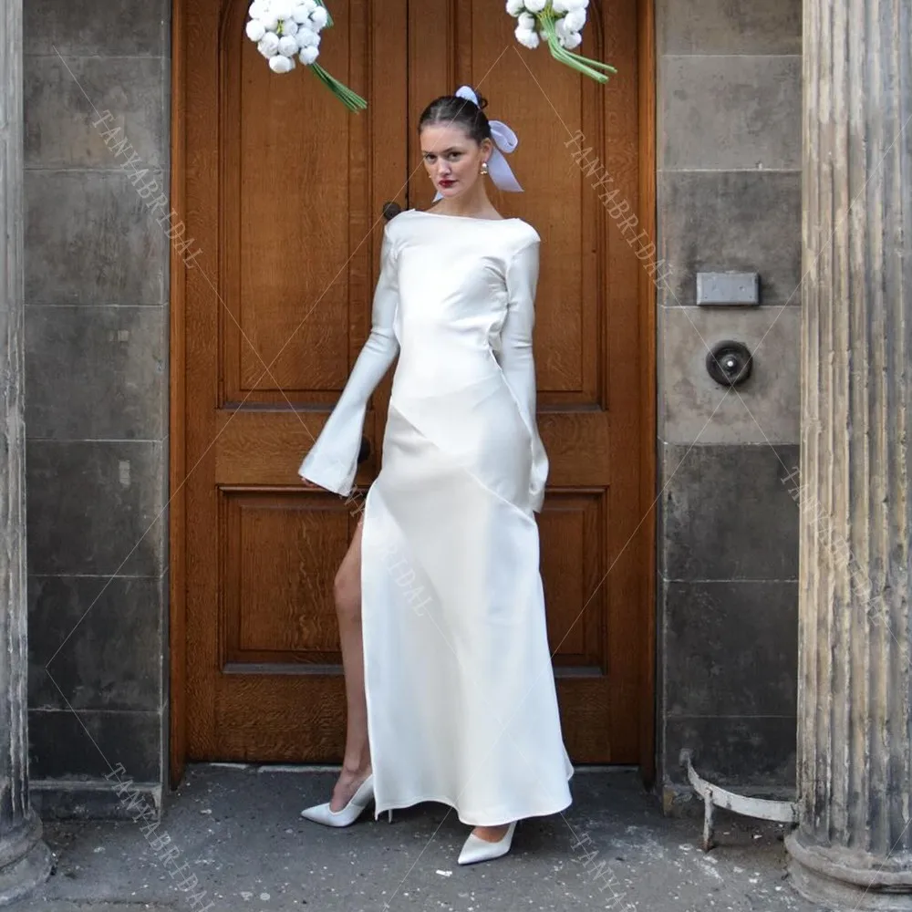 Customized Soft Satin Backless Wedding Dress High Side Split Ankle Length Bridal Party Dress Long Sleeve Chic Bridal Gown