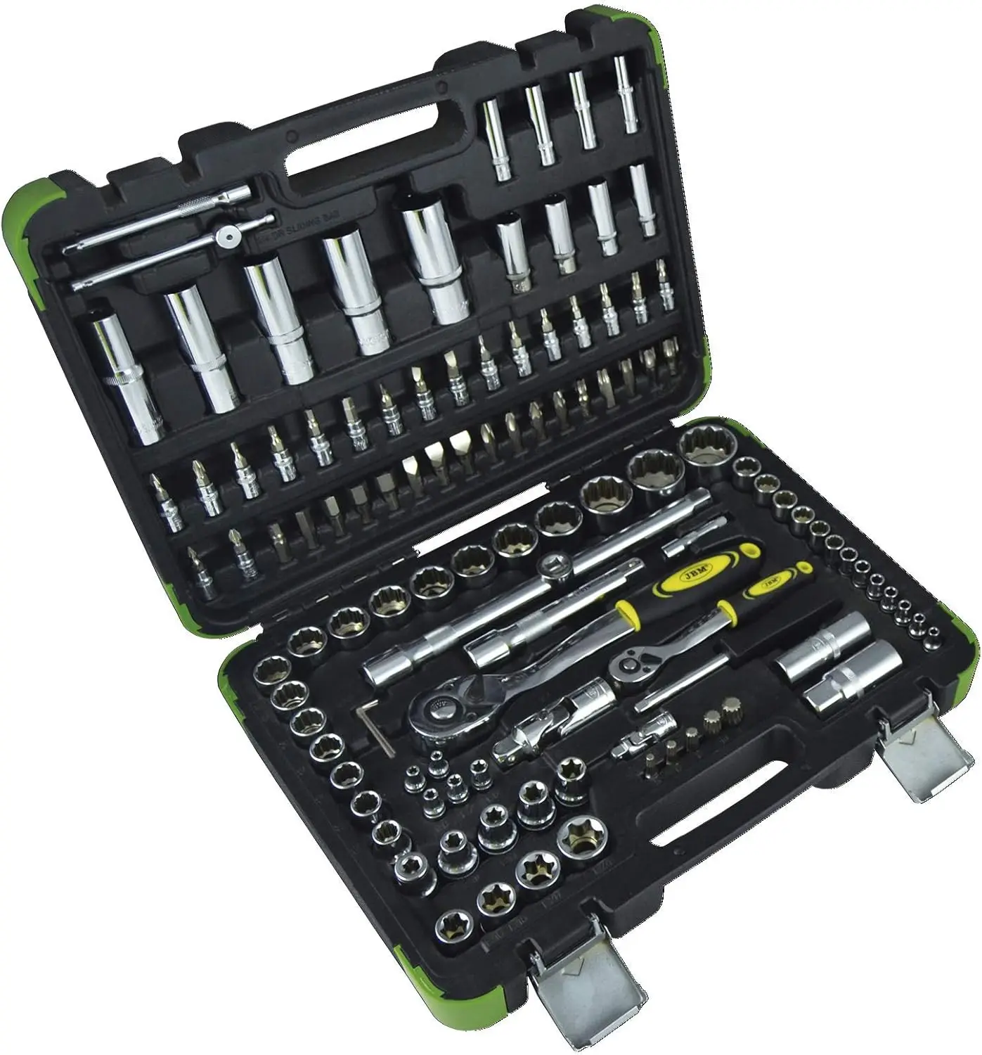 JBM 50791 – حافظة أدوات مكونة من 113 قطعة مع مقابس 12 نقطة في العلبة (مطلي بالزنك) باللون الأخضر