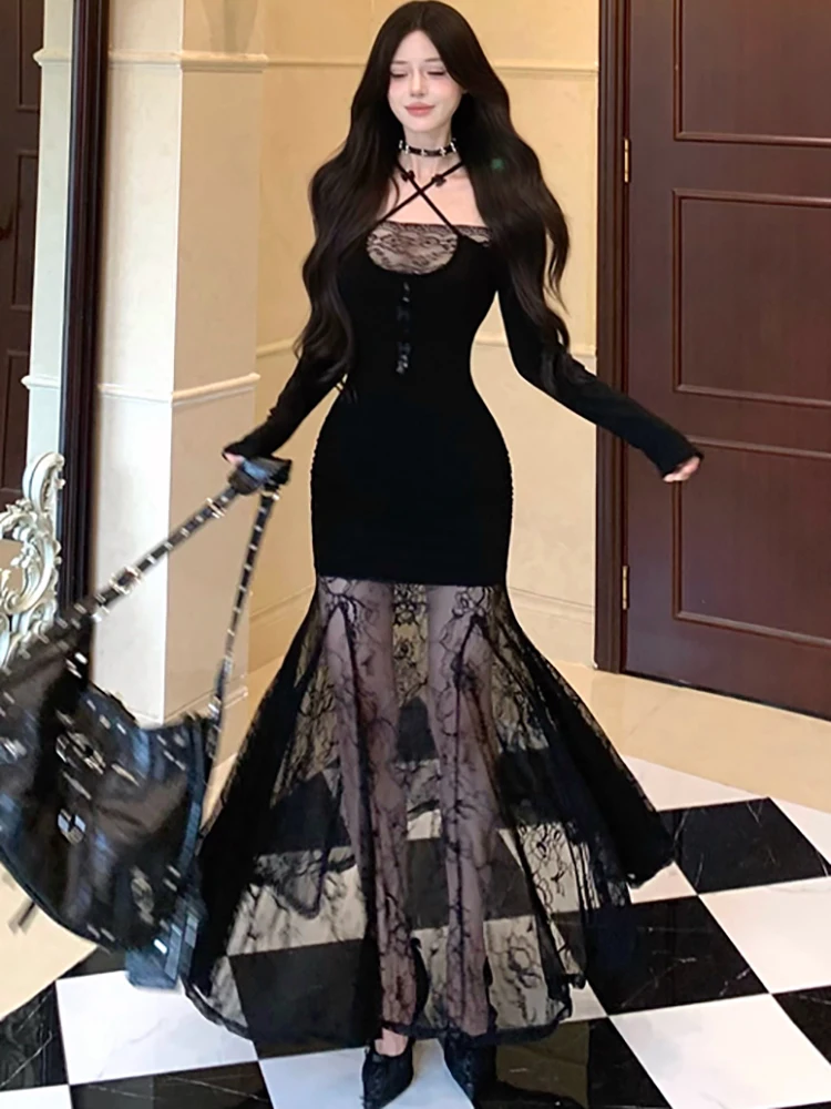 2025 Black Patchwork Lace Sheer Sexy Ruffled Long Dress Women Elegant Chic Neck-mounted Dress Autumn Korean Bodycon Party Dress
