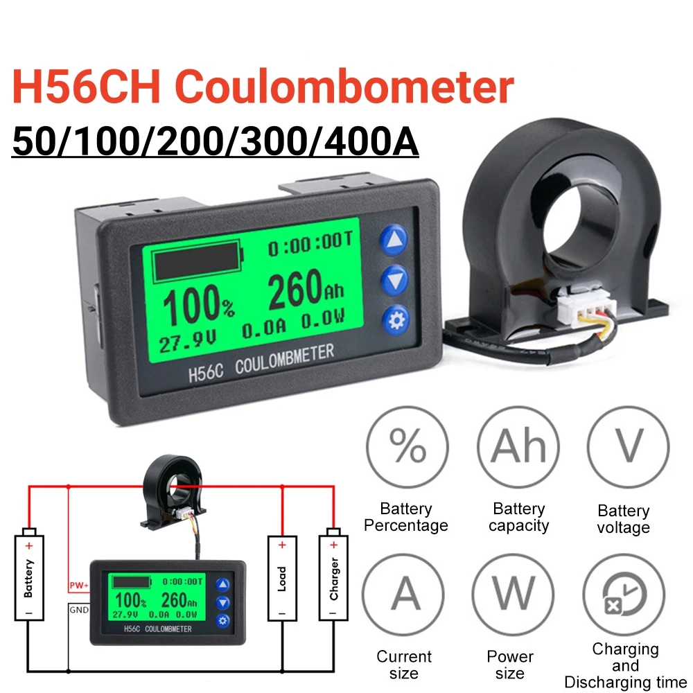 Battery Monitor Hall Sensor Coulomb Tester DC9~100V 50A-300A Voltmeter Ammeter Battery Capacity Coulometer 12V 24V 36V 48V 60V