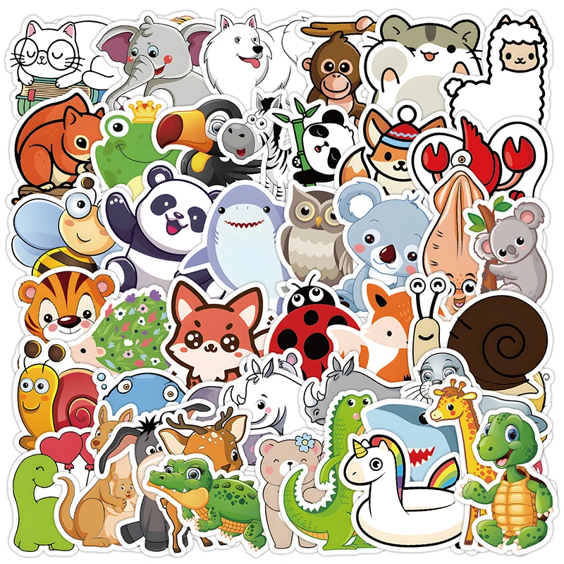 50Pcs Kawaii Cartoon Animal Stickers Hand Drawn Aesthetic Decals for Laptop Guitar Suitcase Notebook Phone Stationery Children