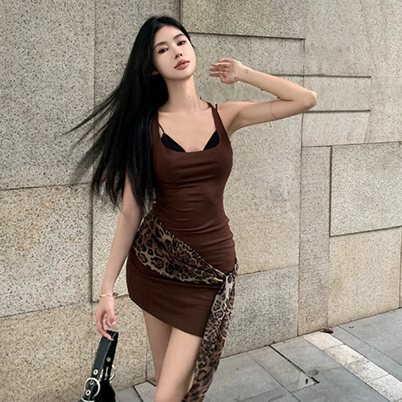 Brown Women Mini Dress Leopard Sexy Sleeveless Y2K Vintage High Street Dresses