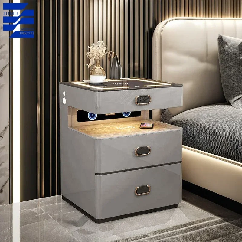 Modern Smart Wood Bedside Table With Integrated Luxury Stone Panel Lockable Nightstand Storage Box For Bedroom Living Room