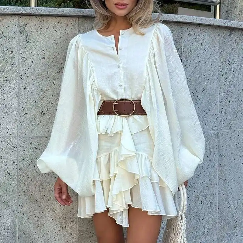 Feminino casual o pescoço botão lanterna manga 2025 moda festa curto em camadas plissado solto primavera verão vestido