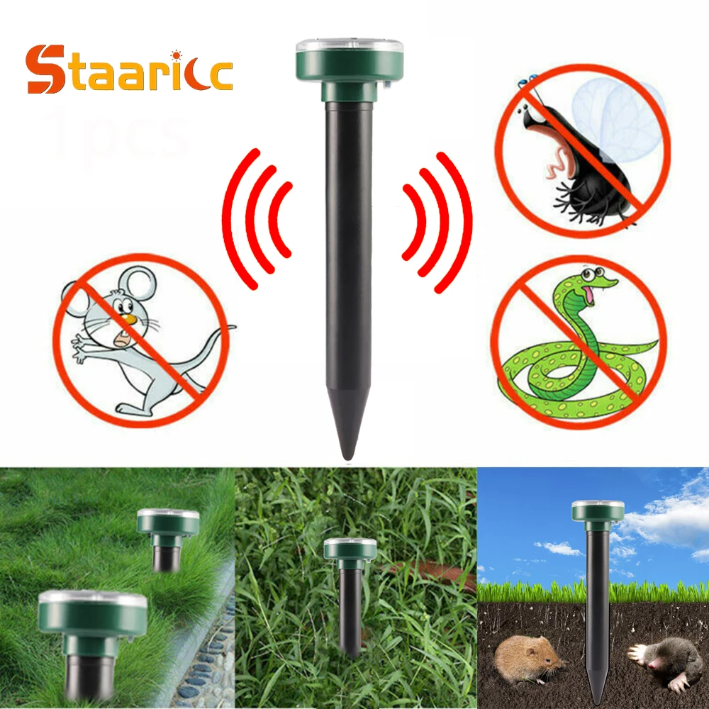Solar Ultrasonic Mole Repellent Electronic Snake Insect Repeller High Power Vibration Built Battery Sun Charging Mouse Zapper